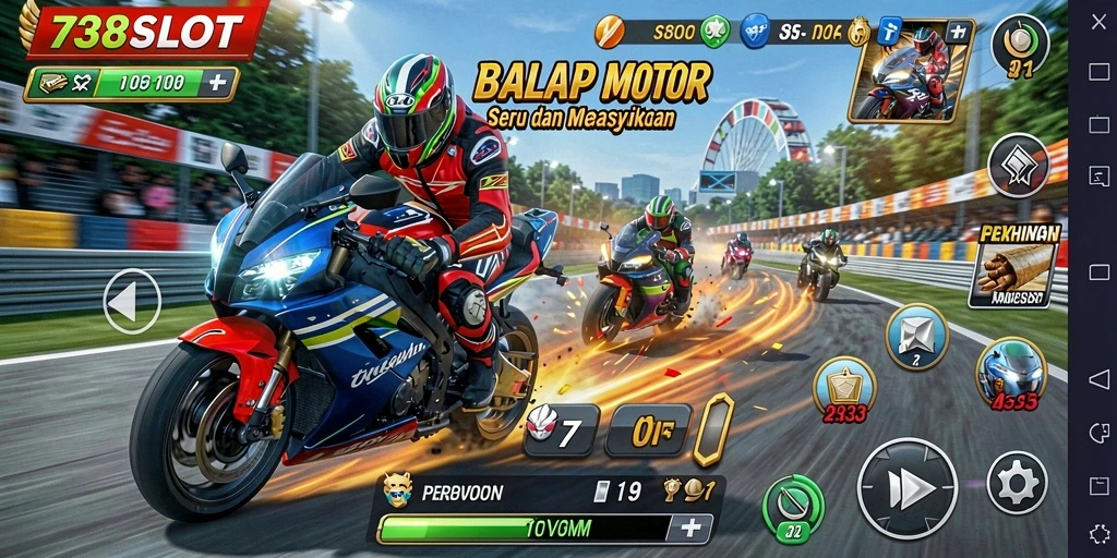 Screenshot utama gameplay 738SLOT dengan motor balap yang cepat.