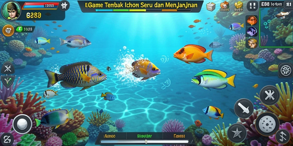 Tangkapan layar E88 menampilkan gameplay memikat Tembak Ikan yang penuh warna.