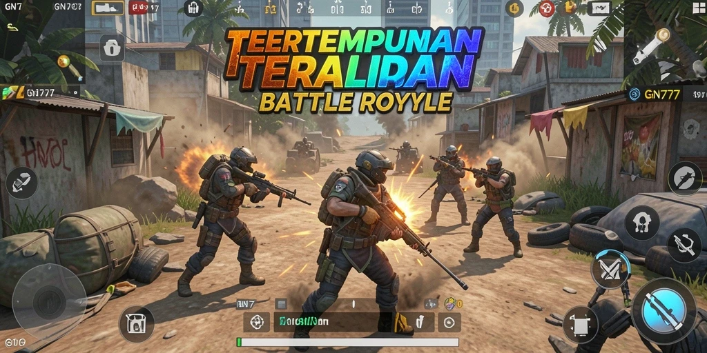 Screenshot utama GN777 menampilkan aksi intens Battle Royale di medan perang.