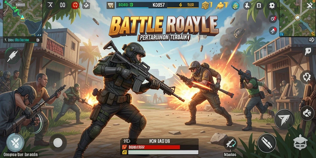 Screenshot gameplay KO857 menampilkan pertarungan Battle Royale yang seru.