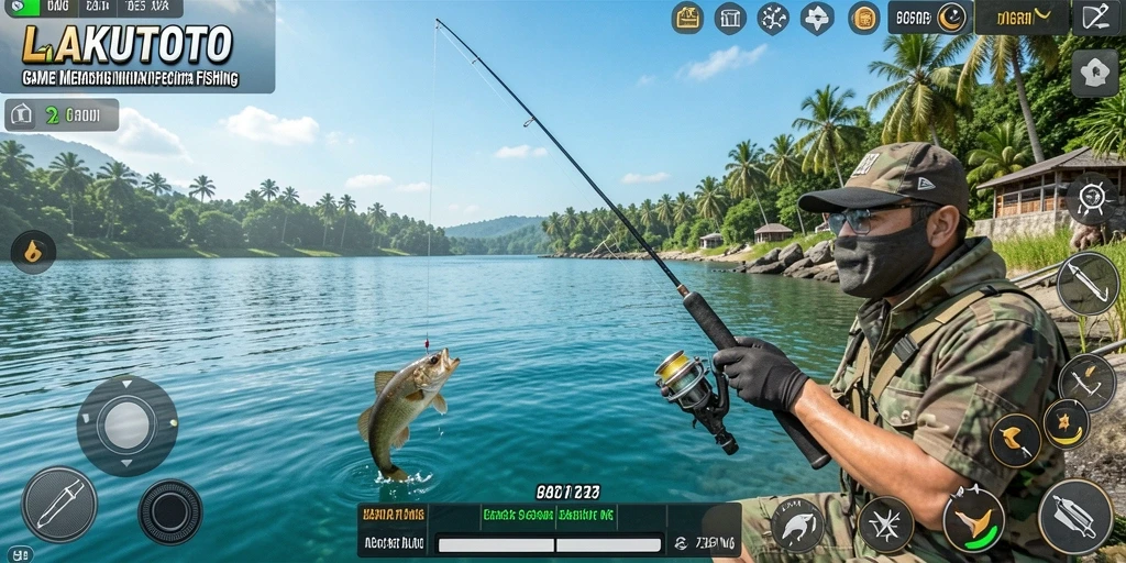 Tampilan gameplay menarik LAKUTOTO saat menangkap ikan dengan alat pancing yang beragam.