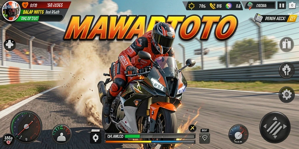 Tangkapan layar utama MAWARTOTO dengan aksi balap motor yang mendebarkan.