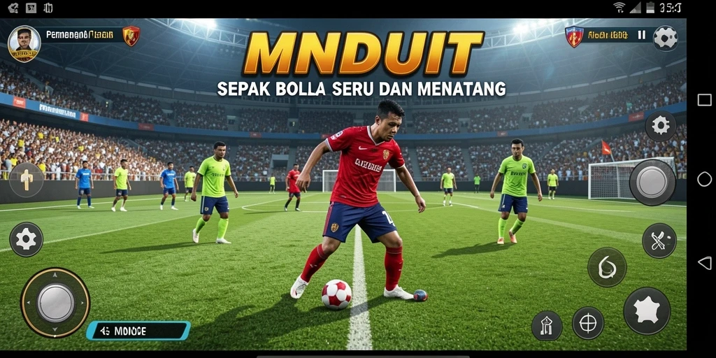 Screenshot gameplay MNDUIT dengan aksi sepak bola yang mendebarkan.