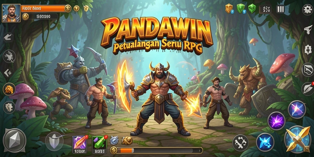 Screenshot gameplay PANDAWIN menampilkan pertempuran seru dan karakter unik.
