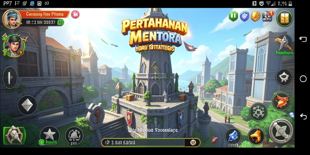 Screenshot gameplay PP7 menampilkan menara bertahan melawan gelombang musuh.