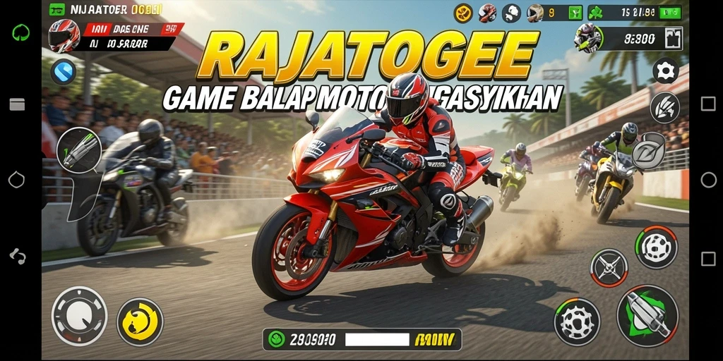 Screenshot gameplay RAJATOGEL menampilkan balapan motor seru di lintasan yang menantang.