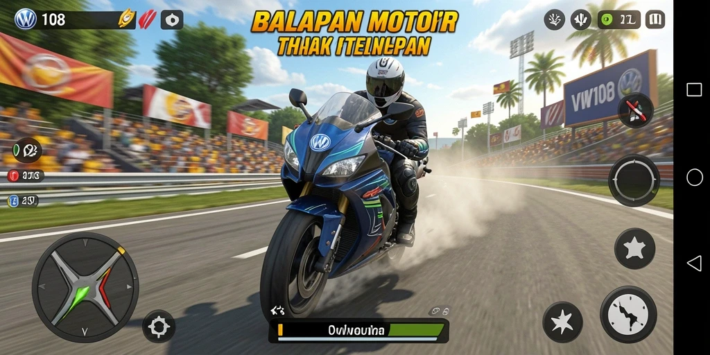 Gameplay seru VW108 dengan balapan motor yang mendebarkan.